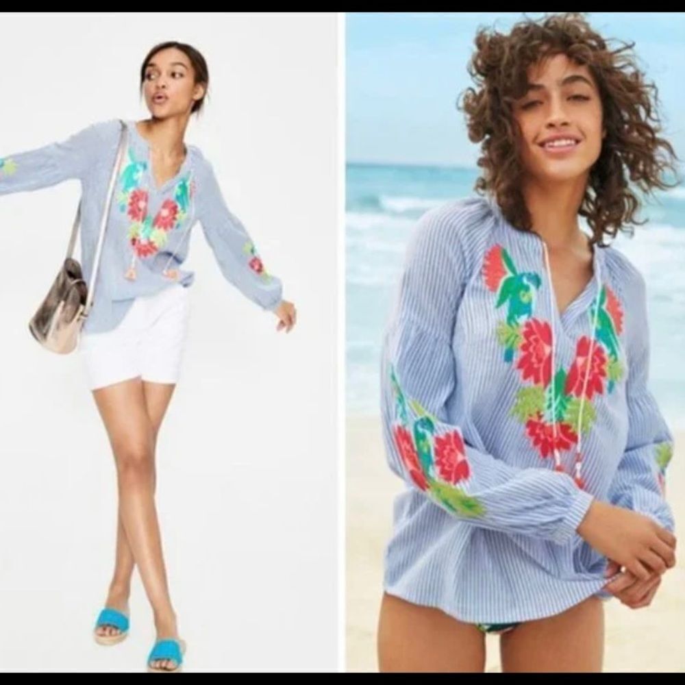 Boden Marla Blue White Striped Embroidered Floral Parrot Tassel Tunic Top 4